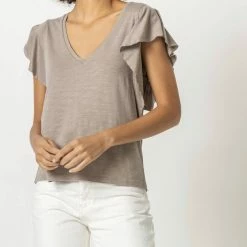 Lilla P women Flutter Sleeve V-Neck Top in Raffia