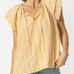 Lilla P women Ruffle Sleeve Split Neck Top in Sorbet Stripe