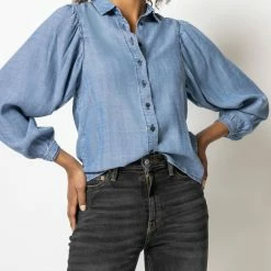 Lilla P women Shirred Sleeve Button Down Shirt in Washed Chambray