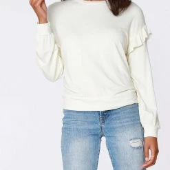 Bobi women Ruffle Sleeve Sweatshirt in Cream