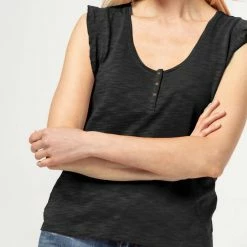 Lilla P women Ruffle Sleeve Scoop Neck Henley in Black