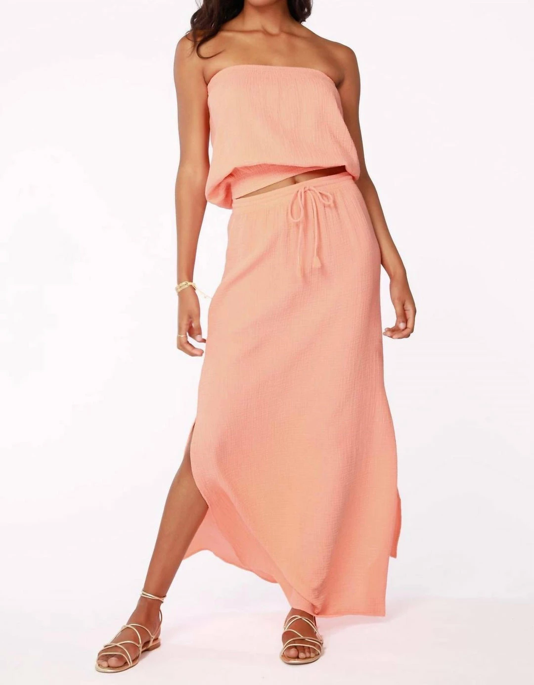 Bobi women Beach Gauze Elastic Waist Maxi Skirt in Guava