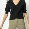 Lilla P women Elbow Sleeve V Neck Sweater in Black