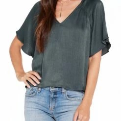 Bobi women Short Sleeve Raglan Shirred Top in Deep Sage