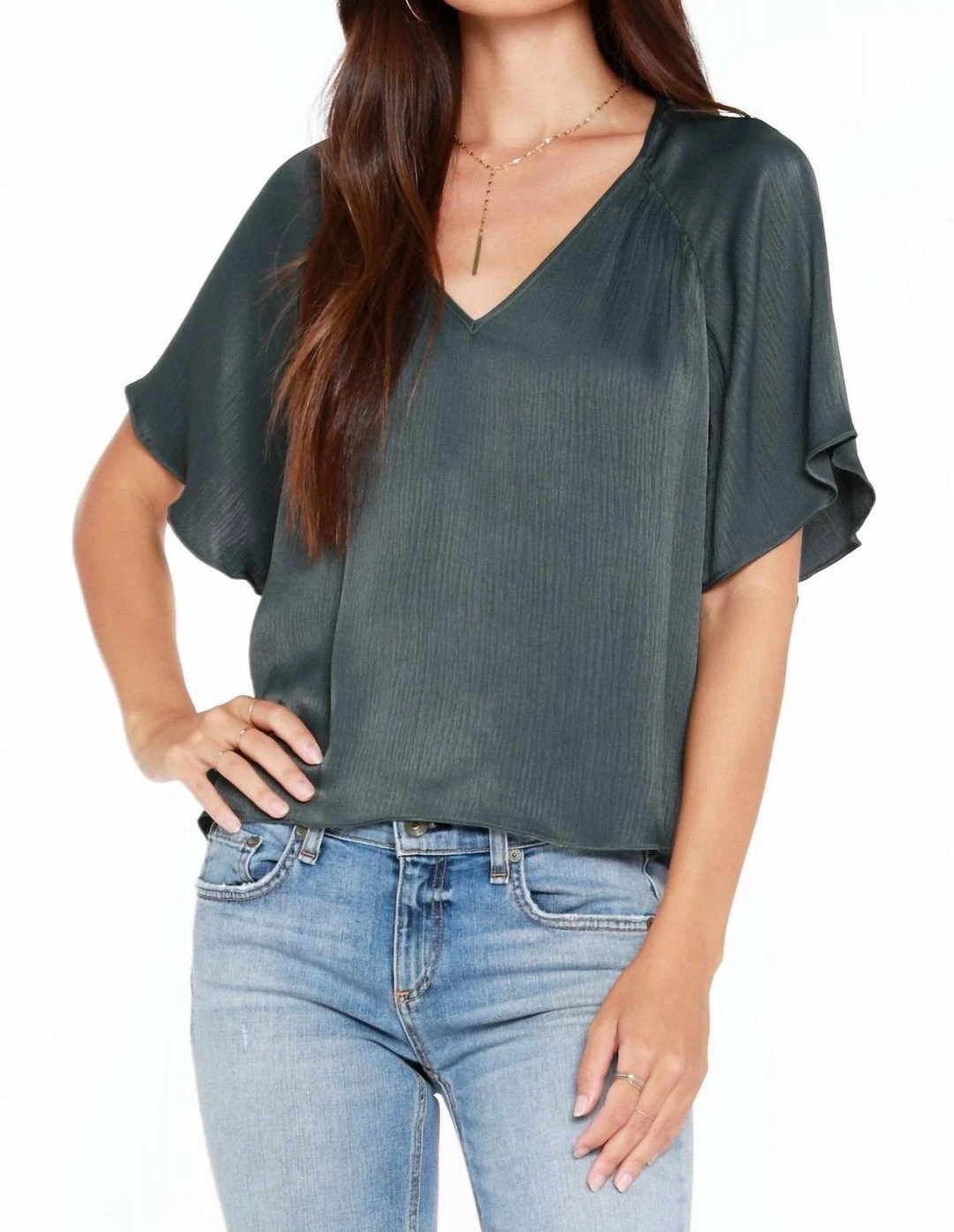 Bobi women Short Sleeve Raglan Shirred Top in Deep Sage