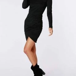 Bobi women Long Sleeve Shirred Dress in Black