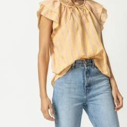 Lilla P women Ruffle Sleeve Split Neck Top in Sorbet Stripe