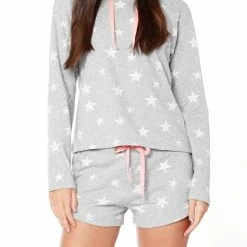 Bobi women Long Sleeve Boxy Hoodie in Grey/White