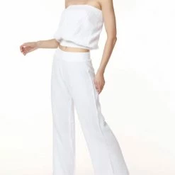 Bobi women Smocked Waist Wide Leg Pant in White
