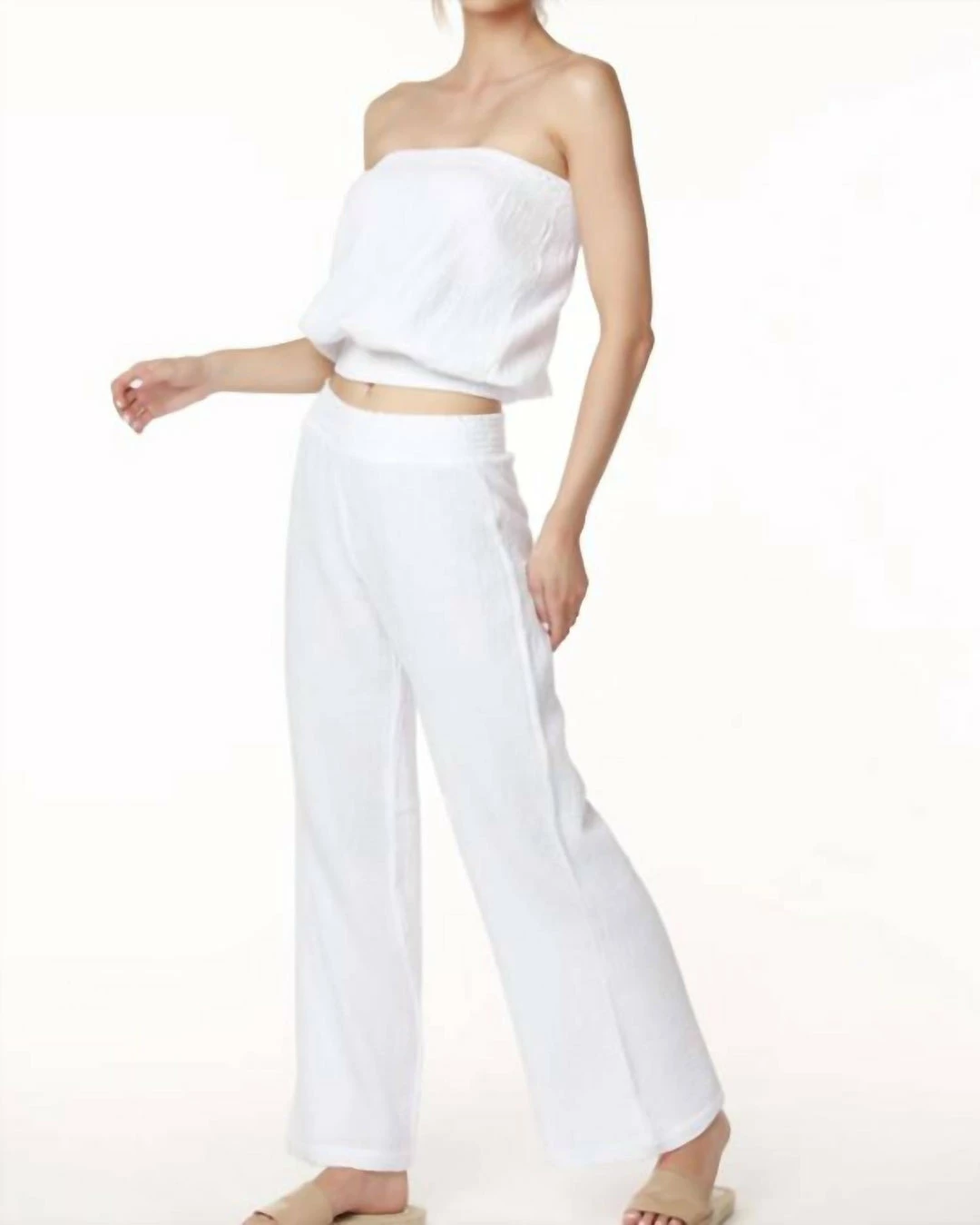 Bobi women Smocked Waist Wide Leg Pant in White
