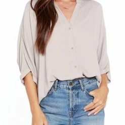 Bobi women Dolman Button Front Top in Tan