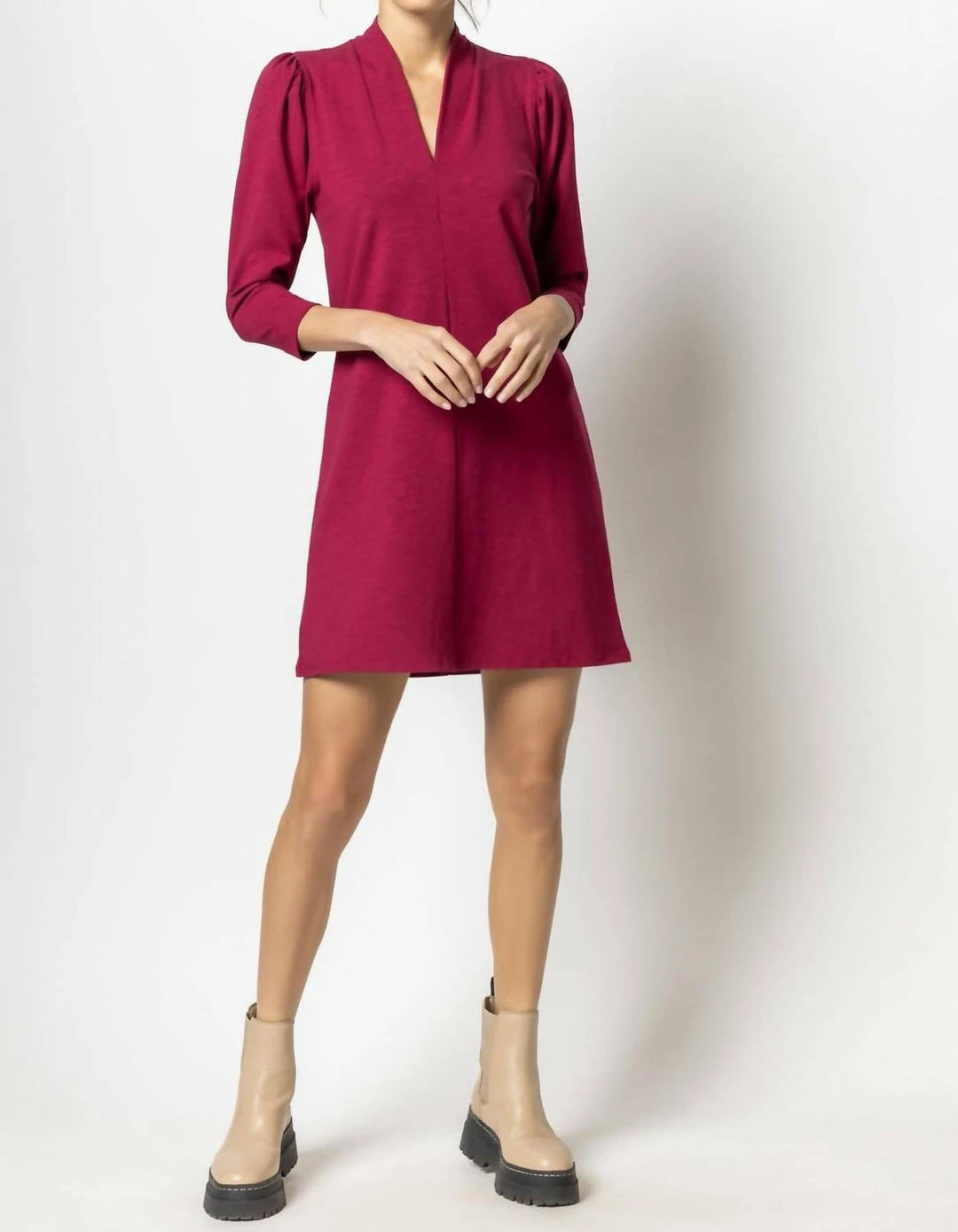 Lilla P women Full Sleeve Split Neck Dress in Currant