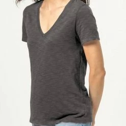 Lilla P women V Neck Short Sleeve Back Seam Tee in Dolphin Grey
