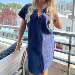 Bobi women Split Neck Dress in Dark Navy