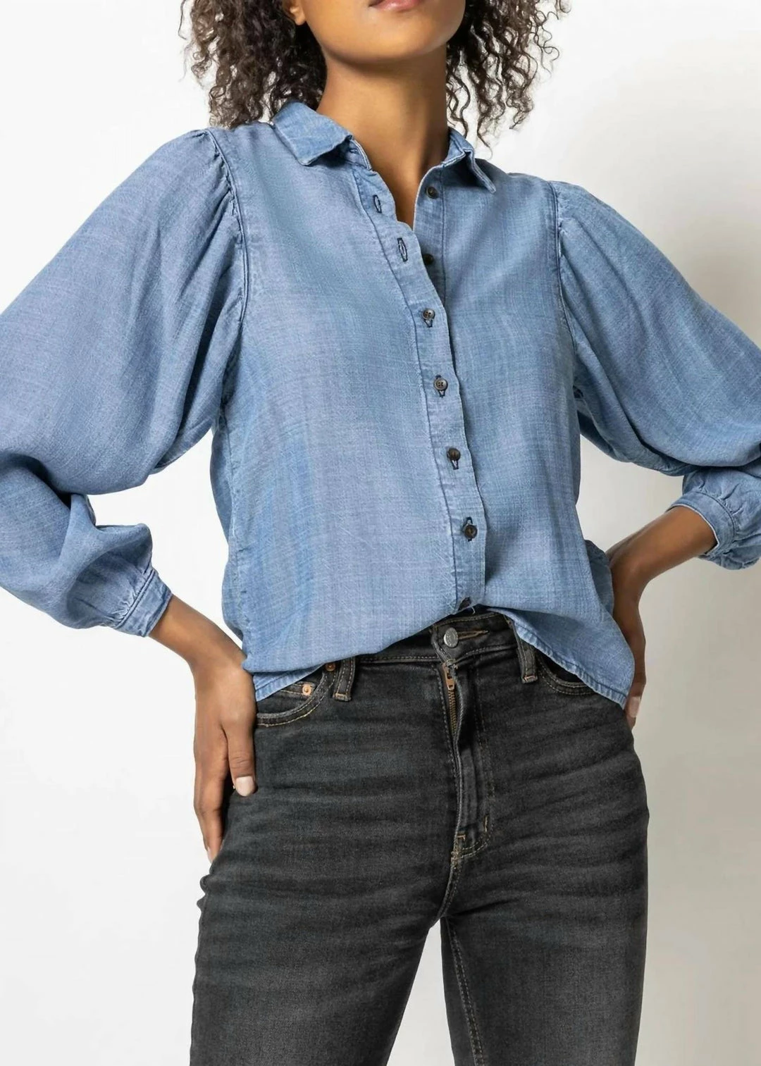 Lilla P women Shirred Sleeve Button Down in Washed Chambray - Image 2