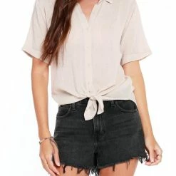 Bobi women Gauze Button Up Short Sleeve Top in Sandy