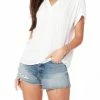 Bobi women Split Neck Short Sleeve Blouse in Ivory