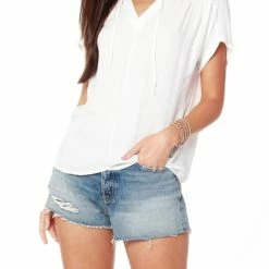 Bobi women Split Neck Short Sleeve Blouse in Ivory