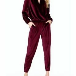 Bobi women Holiday Velvet Jogger Pant in Burgundy