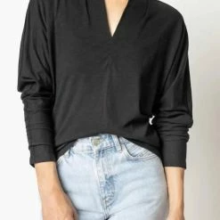 Lilla P women Split Collar Dolman Top in Black