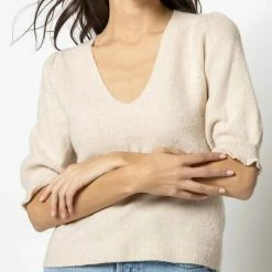Lilla P women Elbow Sleeve V Neck Sweater in Oatmeal