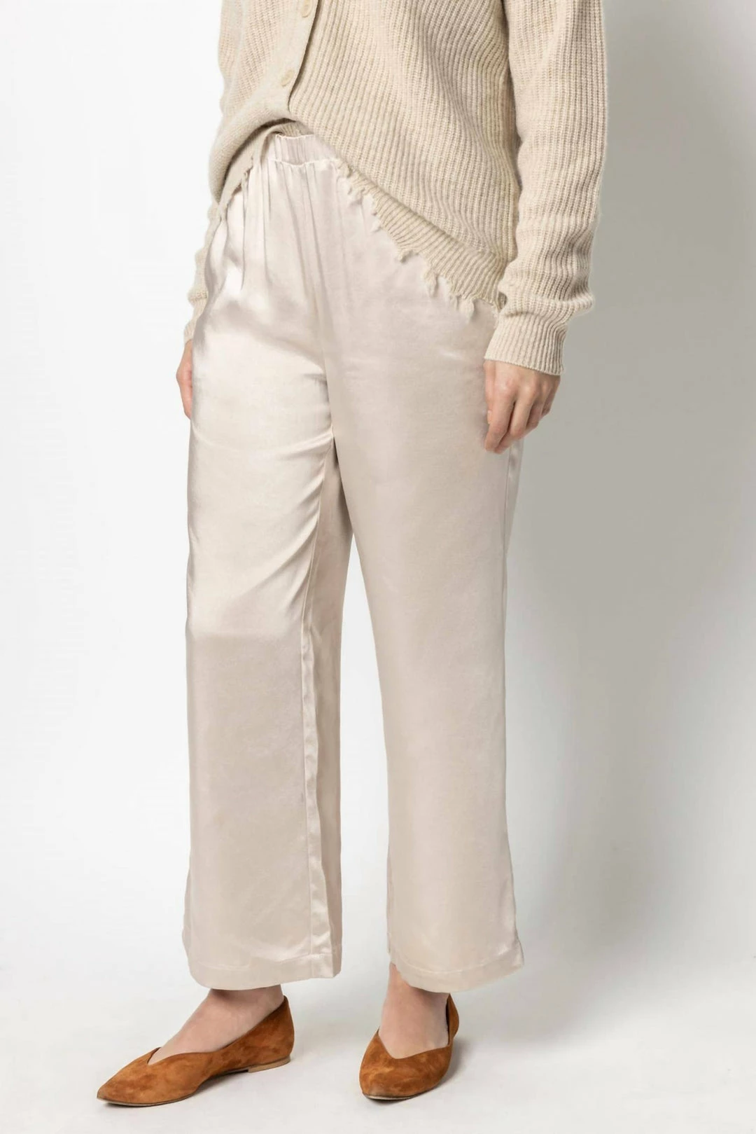 Lilla P women Satin Wide Leg Pant in Champagne