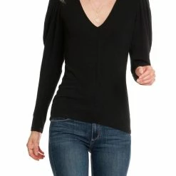 Bobi women Puff Sleeve V-Neck Top in Black