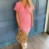Bobi women Split Neck Dress in Pink Sand