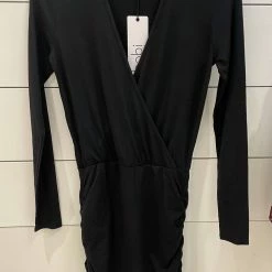 Bobi women Long Sleeve Shirred Surplice Dress in Black