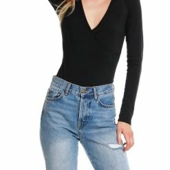 Bobi women Long Sleeve Surplice Bodysuit in Black