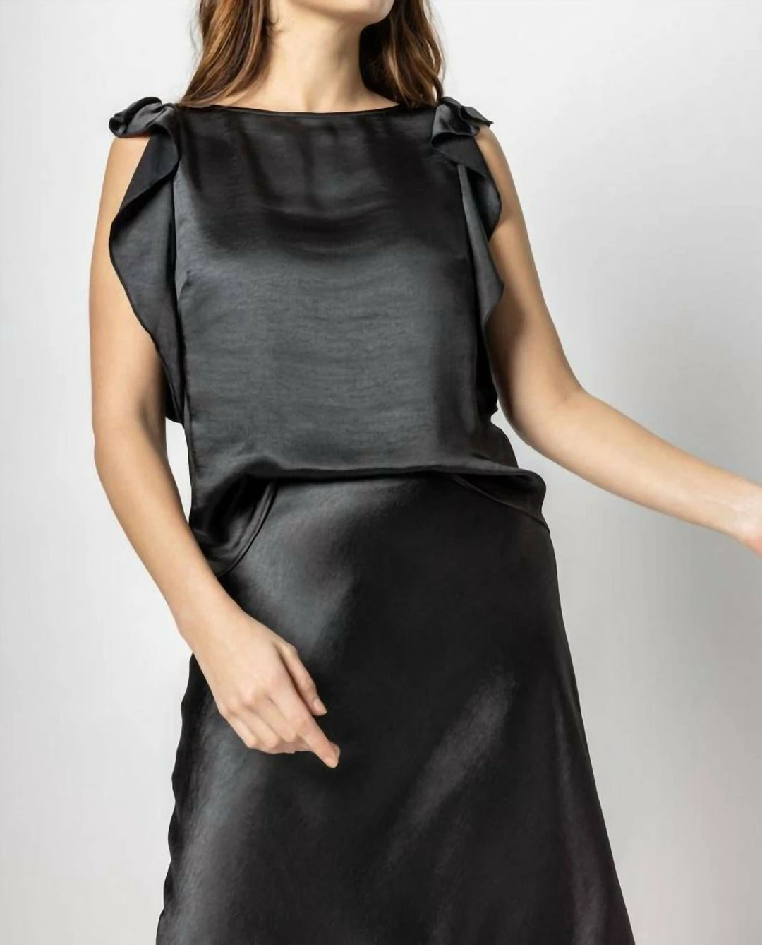 Lilla P women Ruffle Sleeve Satin Top in Black
