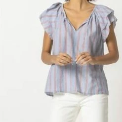 Lilla P women Ruffle Sleeve Split Neck Top in Tide Stripe