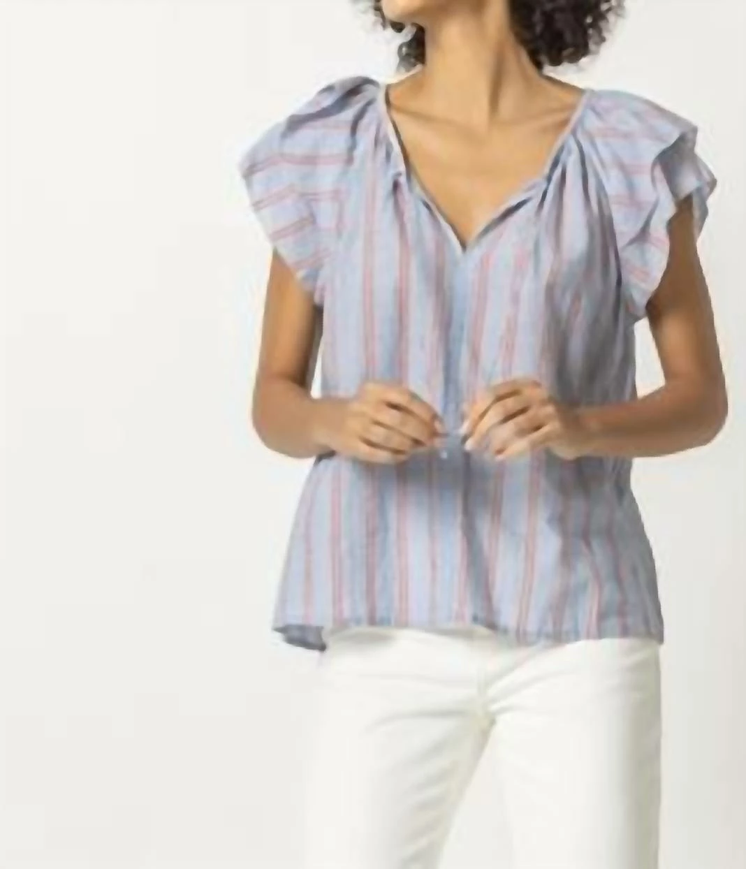 Lilla P women Ruffle Sleeve Split Neck Top in Tide Stripe