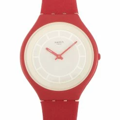 men Swatch SkinHot Red Leather Strap 40 mm Watch SVUR100