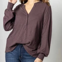 Lilla P women Long Sleeve Split Neck Tee in Fig