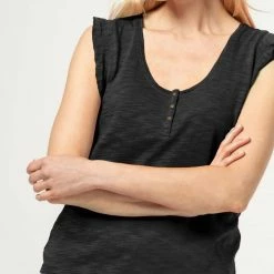 Lilla P women Ruffle Sleeve Scoop Neck Henley Top in Black