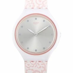 women Swatch Skindentelle 36.8 mm Plastic and Silicone Silver Dial Watch SVOW102