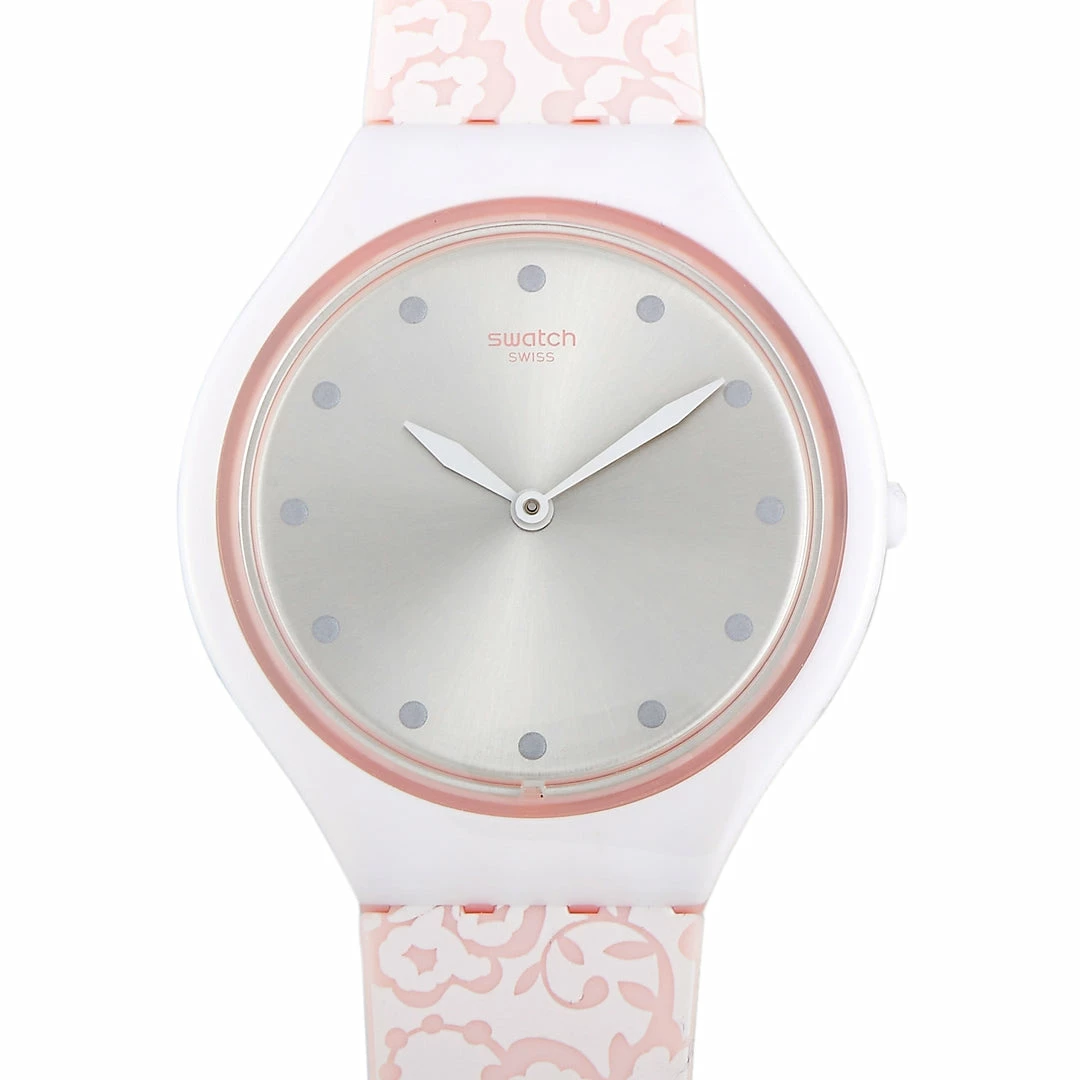 women Swatch Skindentelle 36.8 mm Plastic and Silicone Silver Dial Watch SVOW102