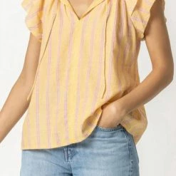 Lilla P women Ruffle Sleeve Split Neck Top in Sorbet Stripe