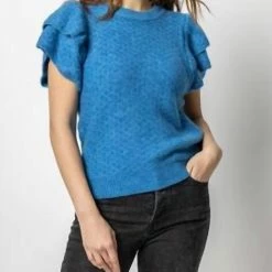 women Lilla P Soft Spun Ruffle Shell Sweater in Electric Blue