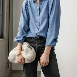 Lilla P women Shirred Sleeve Button Down in Washed Chambray