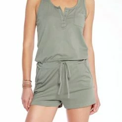 Bobi women Sleeveless Henley Romper in Sage